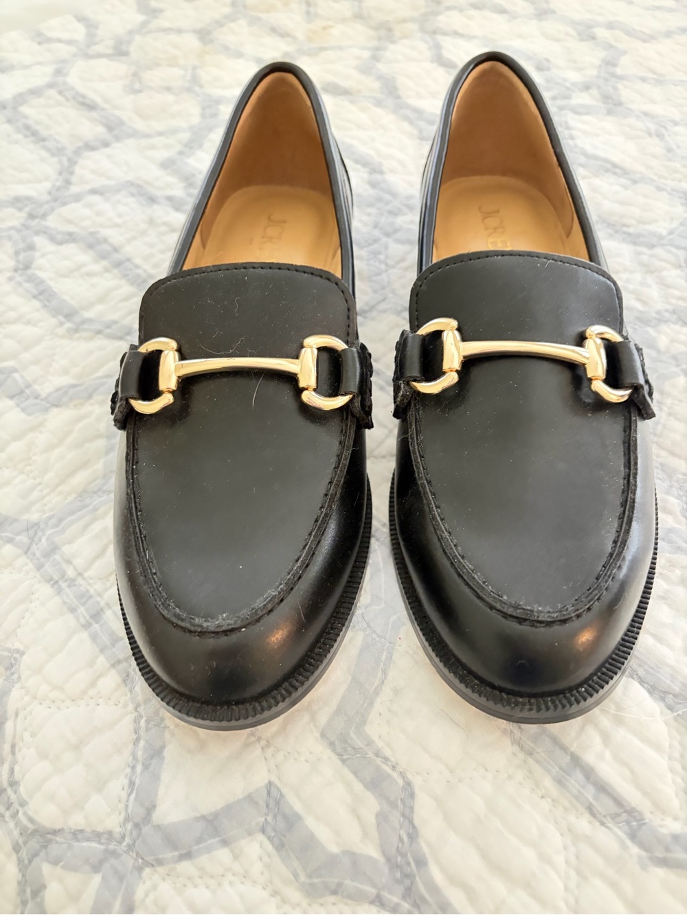 J. Crew Black Leather Loafers with Gold Horsebit